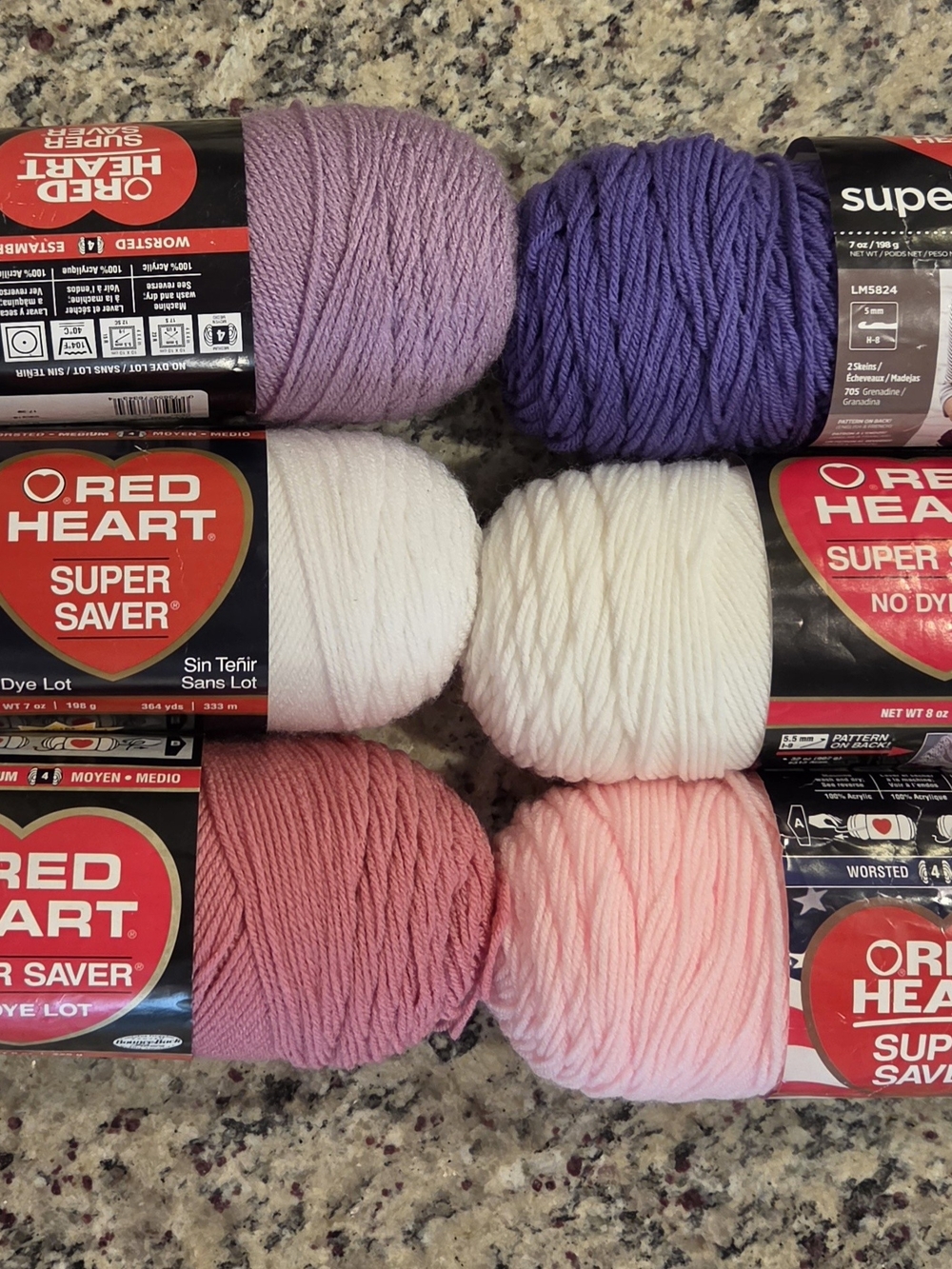 Red Heart Super Saver Yarn Bundle in Purple, Lilac, Pink & White